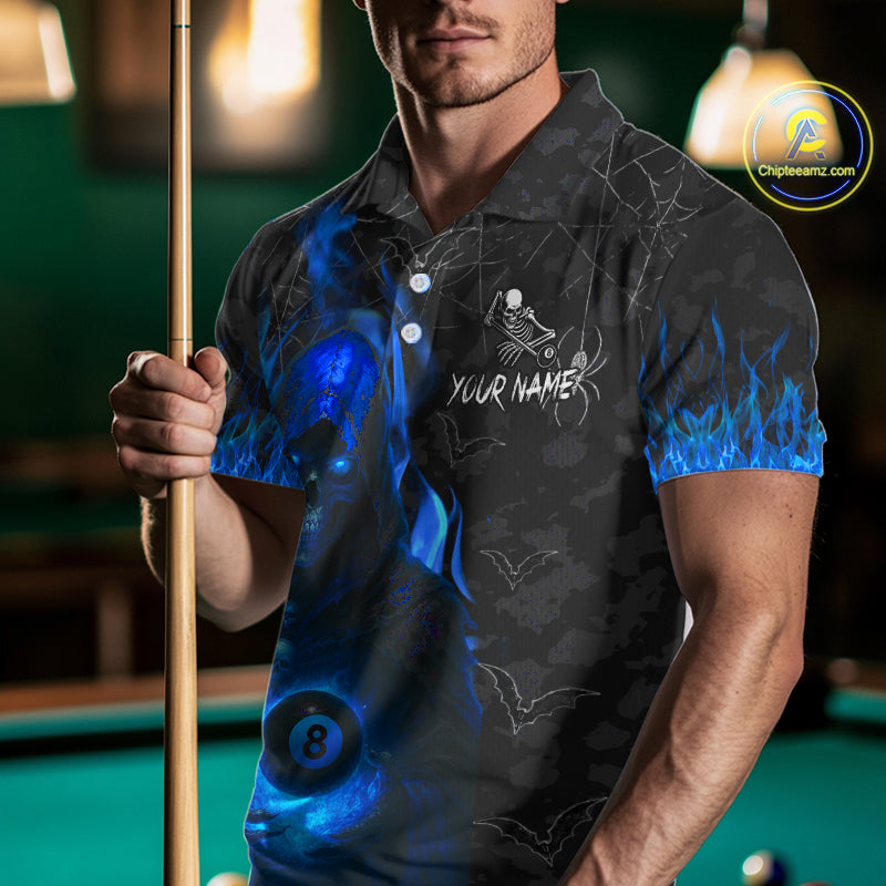 Customized Blue Flaming Grim Reaper 8 Ball Pool Billiard Shirt For Men, Halloween Billiard Outfit TDM4789