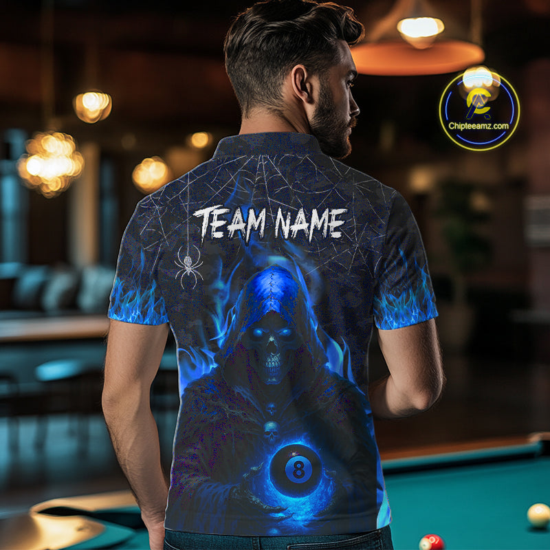 Customized Blue Flaming Grim Reaper 8 Ball Pool Billiard Shirt For Men, Halloween Billiard Outfit TDM4789
