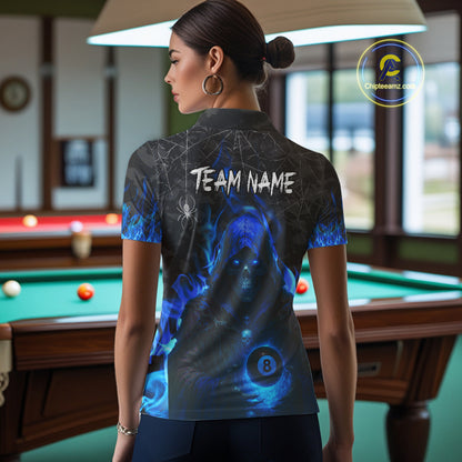 Customized Blue Flaming Grim Reaper 8 Ball Pool Billiard Shirt For Women, Halloween Billiard Outfit TDM4789