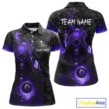Load image into Gallery viewer, Customized Purple Flame Grim Reaper 8 Ball Pool Billiard Shirt For Women, Halloween Billiard Outfit TDM4790