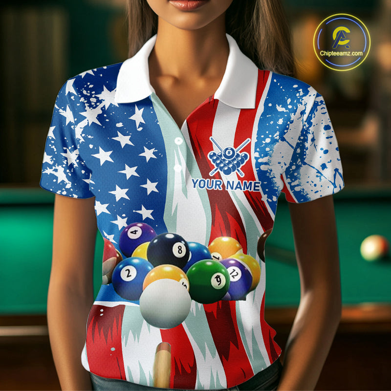 American Flag Billiard Balls Pool Shirt For Women Custom Patriotic Billiard Jersey Polo & 1/4 Zip TDM4606