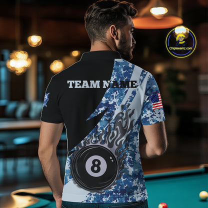 Man wearing personalized flame 8 ball pool military blue camo billiard polo shirt back view.