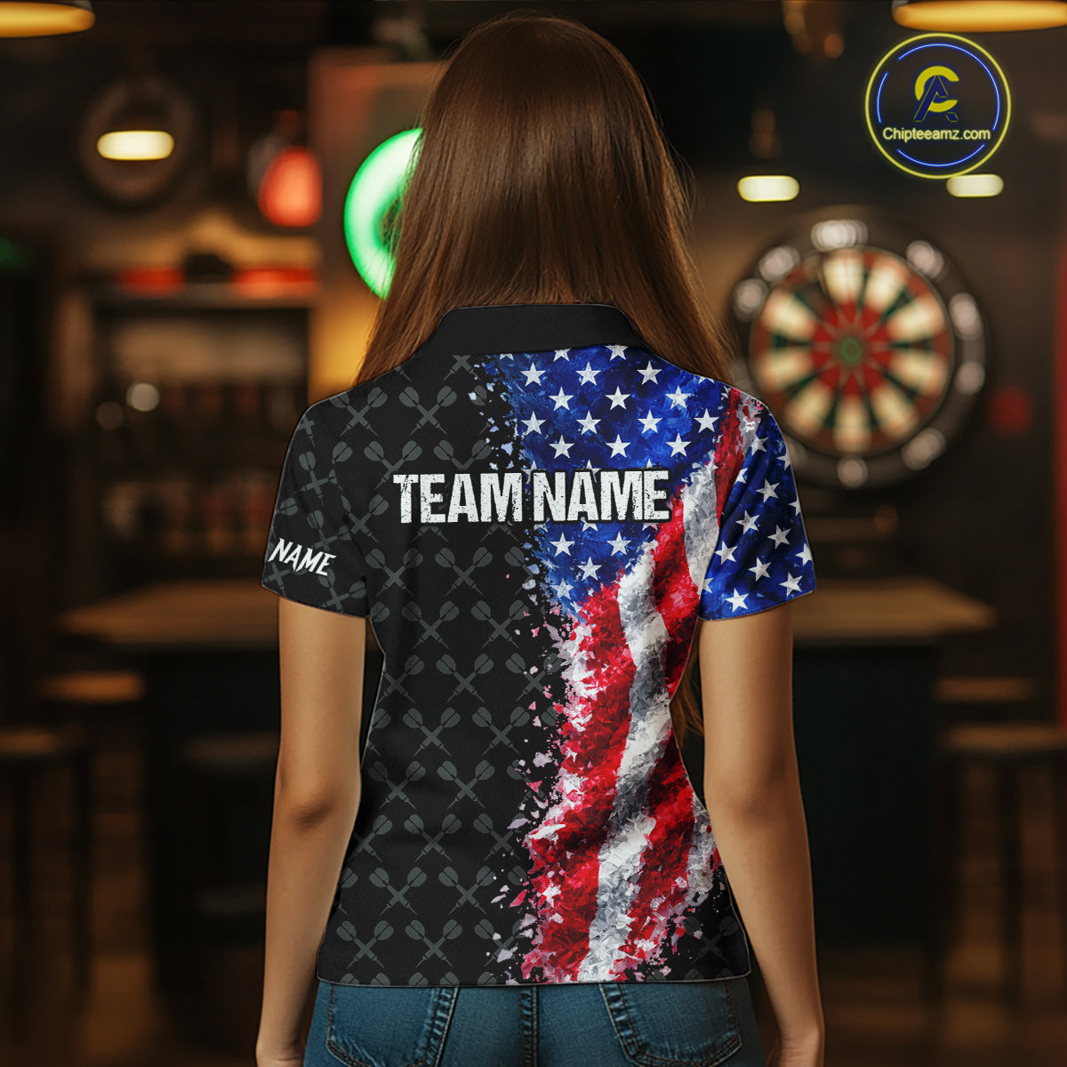 Grunge American Flag Darts Shirt For Women Custom Darts Jersey Pocket Option TDM5890