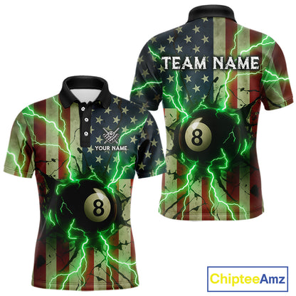 Green 8 Ball Lightning American Flag Billiard Shirt For Men Custom Patriotic Pool Team Jersey TDM5402