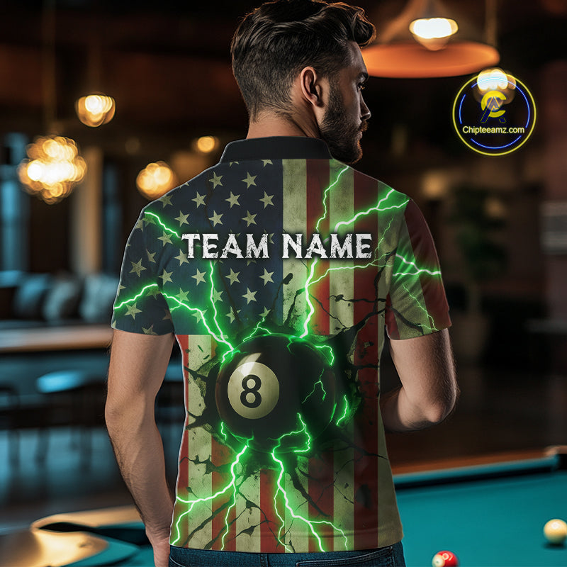 Green 8 Ball Lightning American Flag Billiard Shirt For Men Custom Patriotic Pool Team Jersey TDM5402