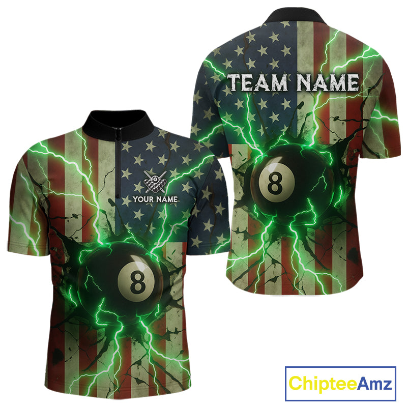 Green 8 Ball Lightning American Flag Billiard Shirt For Men Custom Patriotic Pool Team Jersey TDM5402
