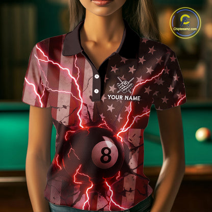 Red 8 Ball Lightning American Flag Billiard Shirt For Women Custom Patriotic Pool Team Jersey TDM5403
