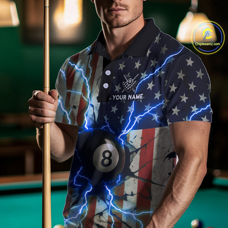 Blue 8 Ball Lightning American Flag Billiard Shirt For Men Custom Patriotic Pool Team Jersey TDM5404
