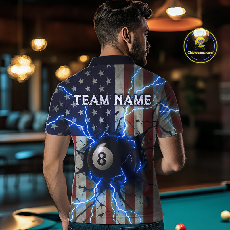 Blue 8 Ball Lightning American Flag Billiard Shirt For Men Custom Patriotic Pool Team Jersey TDM5404
