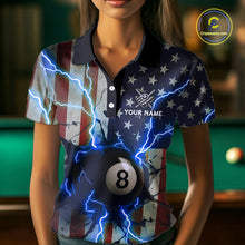 Load image into Gallery viewer, Blue 8 Ball Lightning American Flag Billiard Shirt For Women Custom Patriotic Pool Team Jersey TDM5404