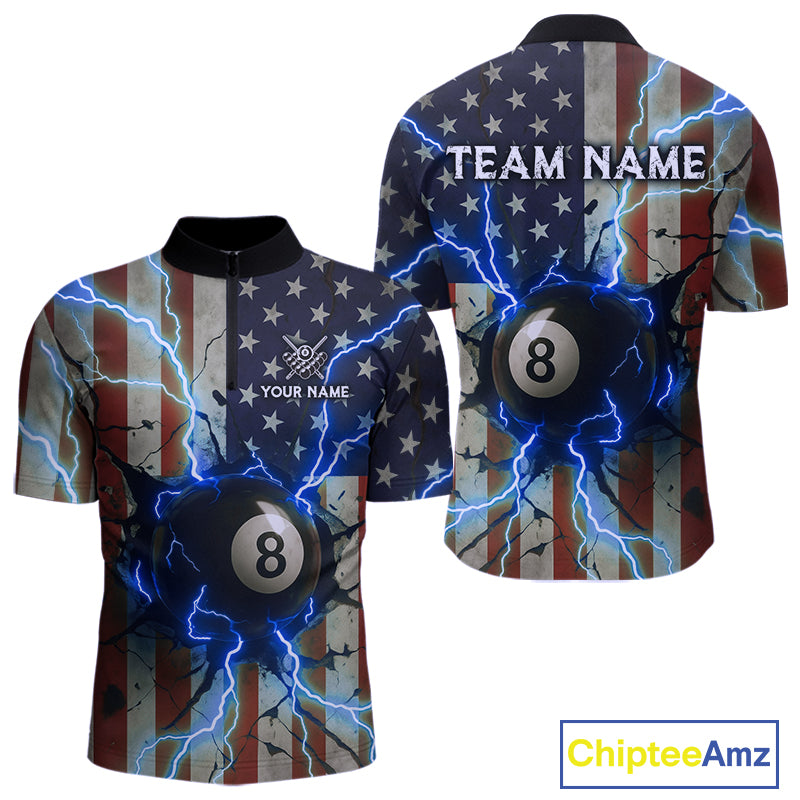 Blue 8 Ball Lightning American Flag Billiard Shirt For Men Custom Patriotic Pool Team Jersey TDM5404