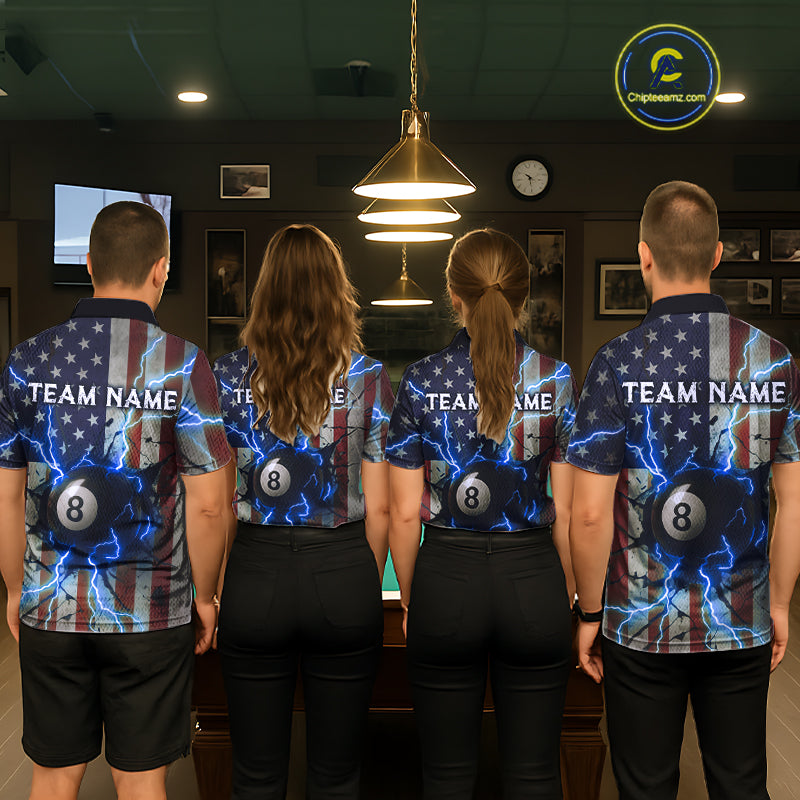 Blue 8 Ball Lightning American Flag Billiard Shirt For Men Custom Patriotic Pool Team Jersey TDM5404
