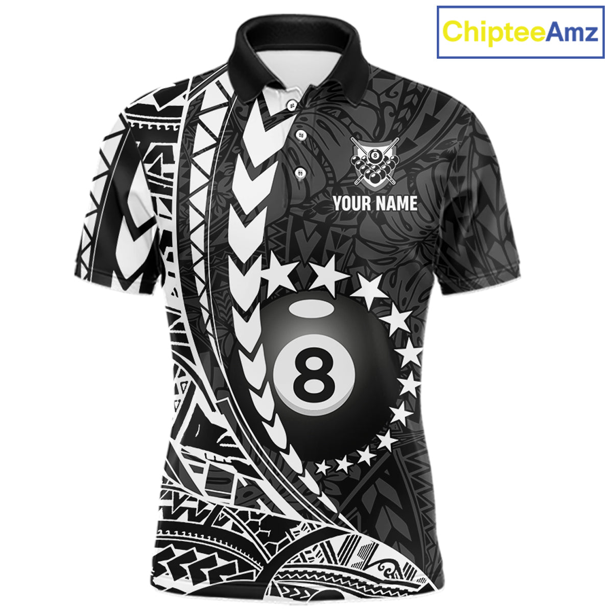 Custom black and white 8 ball pool tribal billiard team jersey polo shirt for men featuring detailed tribal artwork, premium custom pool league apparel for tournaments, league matches and competitive billiard teams.