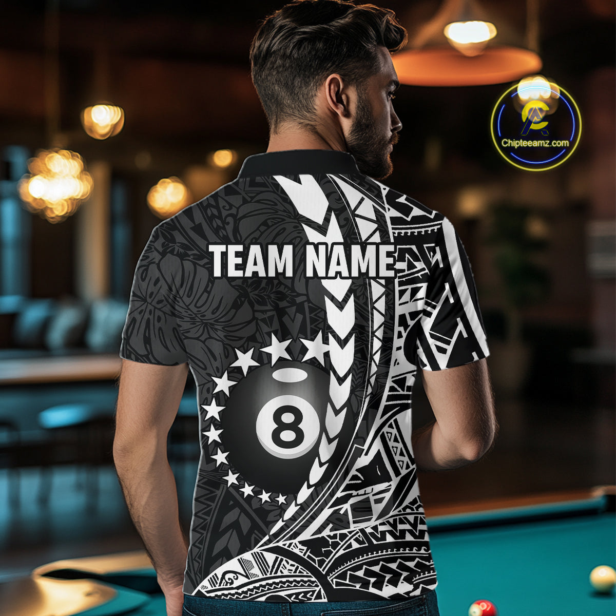 Man wearing custom black and white 8 ball pool tribal billiard team jersey polo shirt featuring tribal artwork, back view.