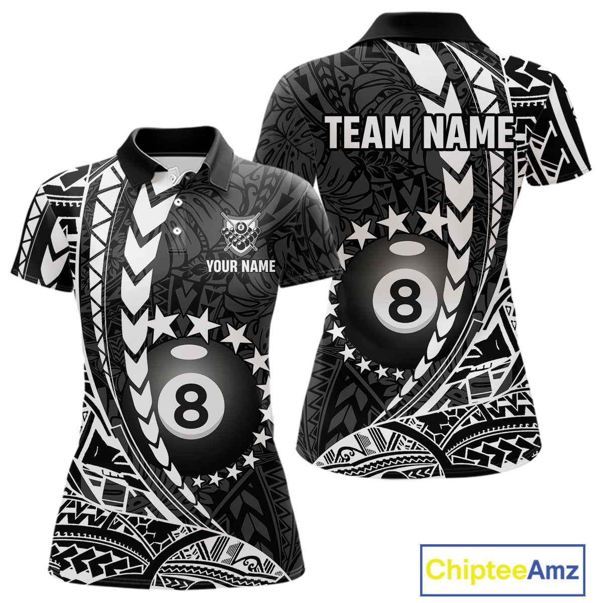 Custom black and white 8 ball pool tribal billiard team jersey polo shirt for women featuring detailed tribal artwork, premium custom pool league apparel for tournaments, league matches and competitive billiard teams.