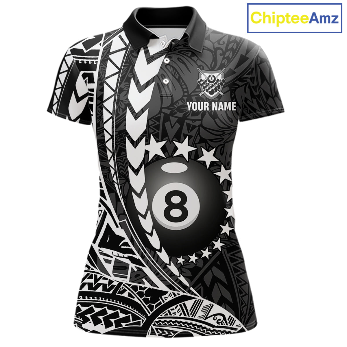 Custom black and white 8 ball pool tribal billiard team jersey polo shirt for women featuring detailed tribal artwork, premium custom pool league apparel for tournaments, league matches and competitive billiard teams.