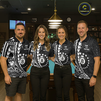 Billiard team wearing matching custom black and white 8 ball pool tribal team jerseys featuring detailed tribal graphics, front view.