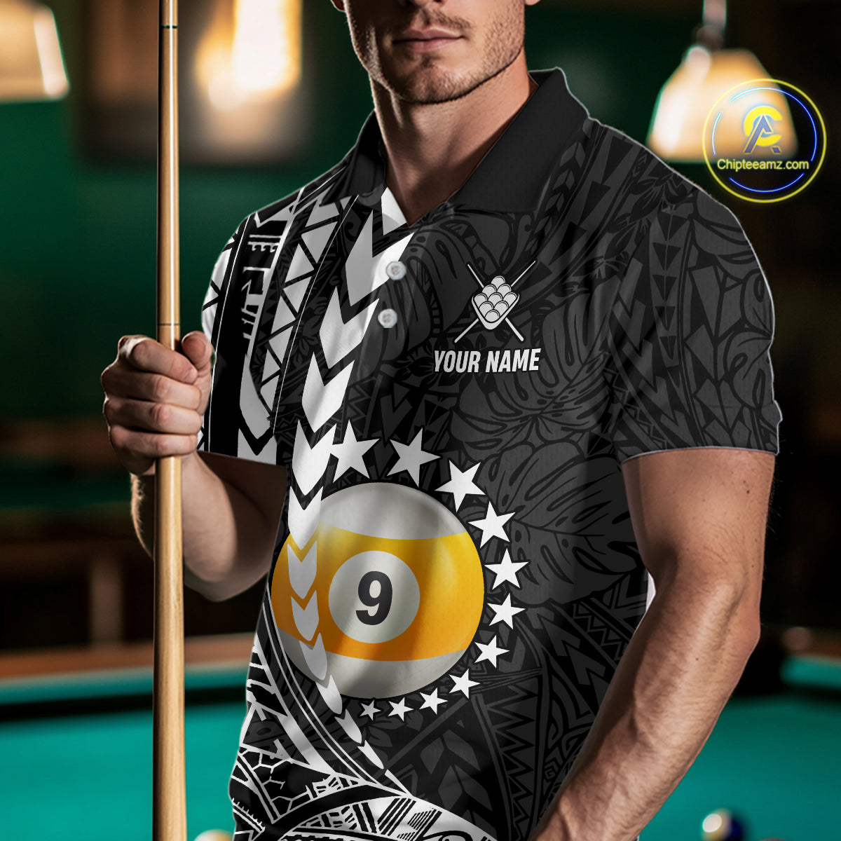 Man wearing custom black and white 9 ball pool tribal billiard team jersey polo shirt featuring tribal artwork, front view.