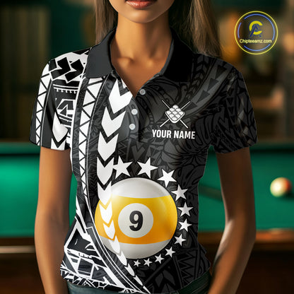 Woman wearing custom black and white 9 ball pool tribal billiard team jersey polo shirt featuring tribal artwork, front view.