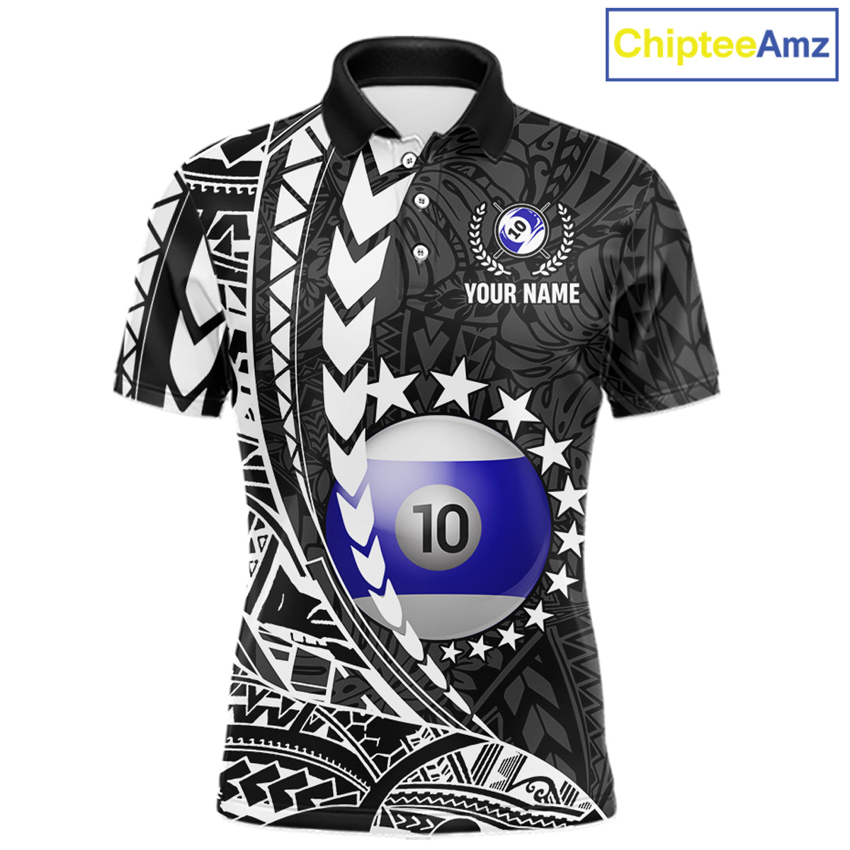Custom black and white 10 ball pool tribal billiard team jersey polo shirt for men featuring detailed tribal artwork, premium custom pool league apparel for tournaments, league matches and competitive billiard teams.