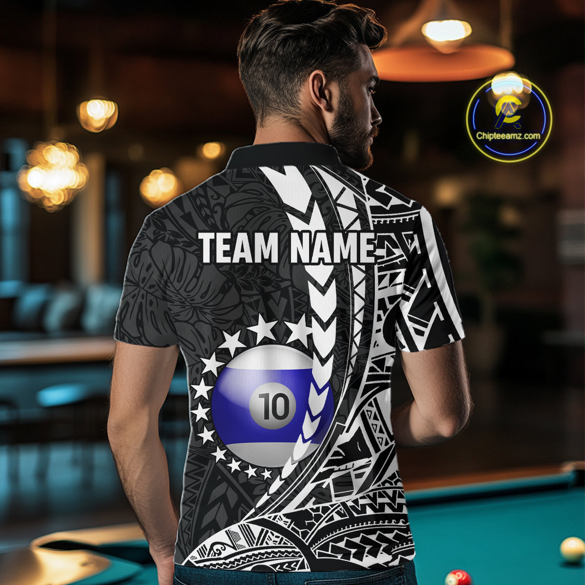 Man wearing custom black and white 10 ball pool tribal billiard team jersey polo shirt featuring tribal artwork, back view.