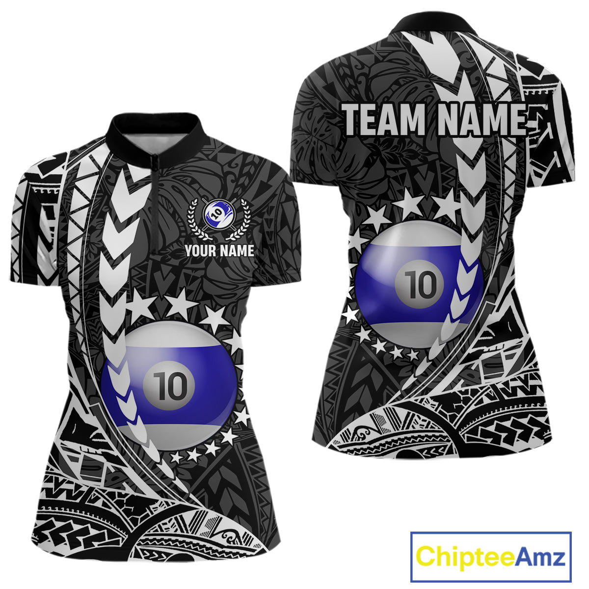 Custom black and white 10 ball pool tribal billiard team jersey quarter zip shirt for women featuring striking tribal graphics, premium billiard league apparel for tournament play.