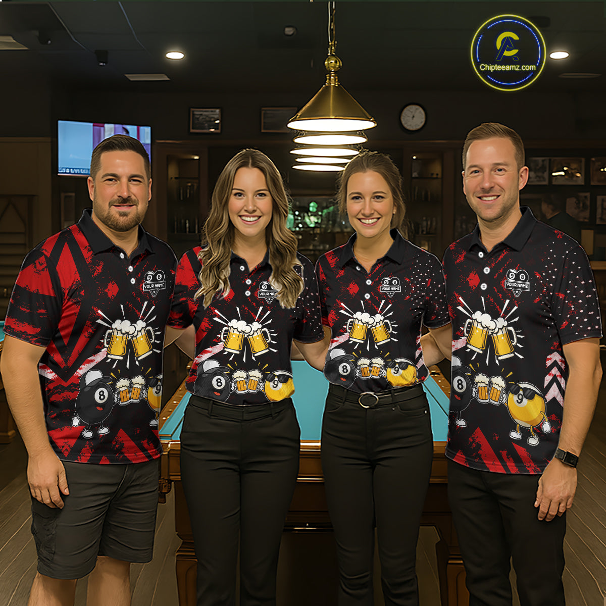 Billiard team wearing matching black red funny beer 8 ball and 9 ball pool team jerseys featuring the humorous beer design, front view.