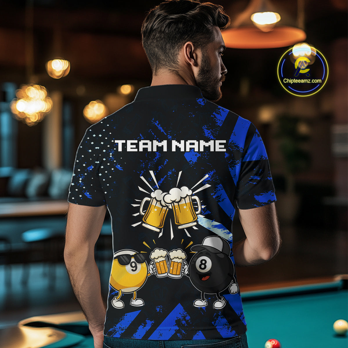 Man wearing black blue funny beer 8 ball and 9 ball pool billiard team jersey polo shirt featuring the beer-themed artwork, back view.