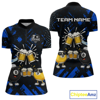 Black blue funny beer 8 ball and 9 ball pool billiard team jersey quarter zip shirt for women featuring a funny beer design, custom billiard league apparel for competitive pool players.
