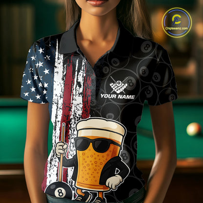 Vintage American Flag Funny Beer Billiard Shirt For Women Custom Patriotic 8 Ball Pool Team Jersey TDM5426