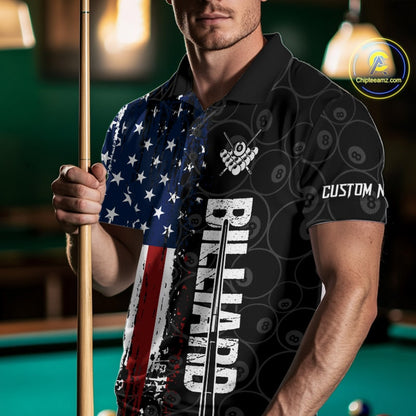 Grunge American Flag 8 Ball Pool Billiard Shirt For Men Custom Patriotic Billiard Team Jersey TDM5428