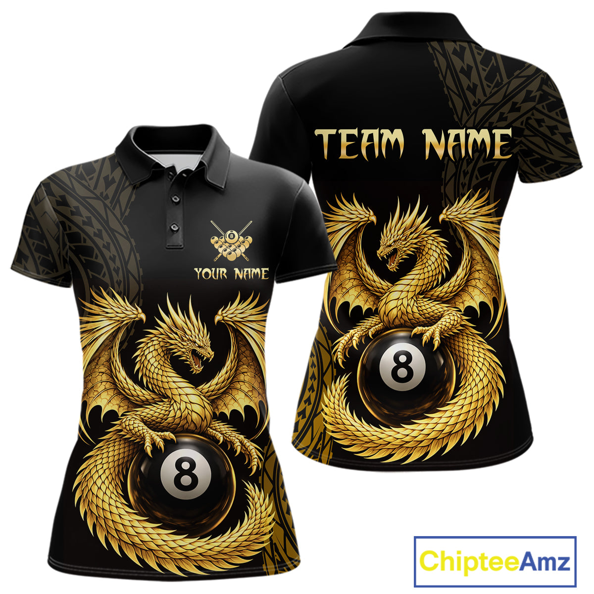 Black And Golden Custom Dragon Billiard Shirt For Women, 8 Ball Pool Team Jersey Polo & 1/4 Zip TDM6058