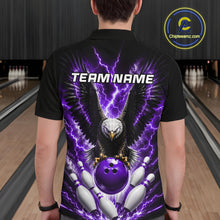 Load image into Gallery viewer, Back view of man wearing a purple thunder lightning eagle bowling polo shirt inside a bowling alley.