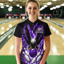 Load image into Gallery viewer, Woman wearing a purple thunder lightning eagle bowling quarter zip jersey during tournament play front view.