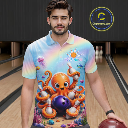 Man wearing a rainbow octopus ocean bowling polo shirt at a bowling alley front view.