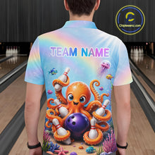 Load image into Gallery viewer, Back view of man wearing a rainbow octopus ocean bowling polo shirt inside a bowling alley.