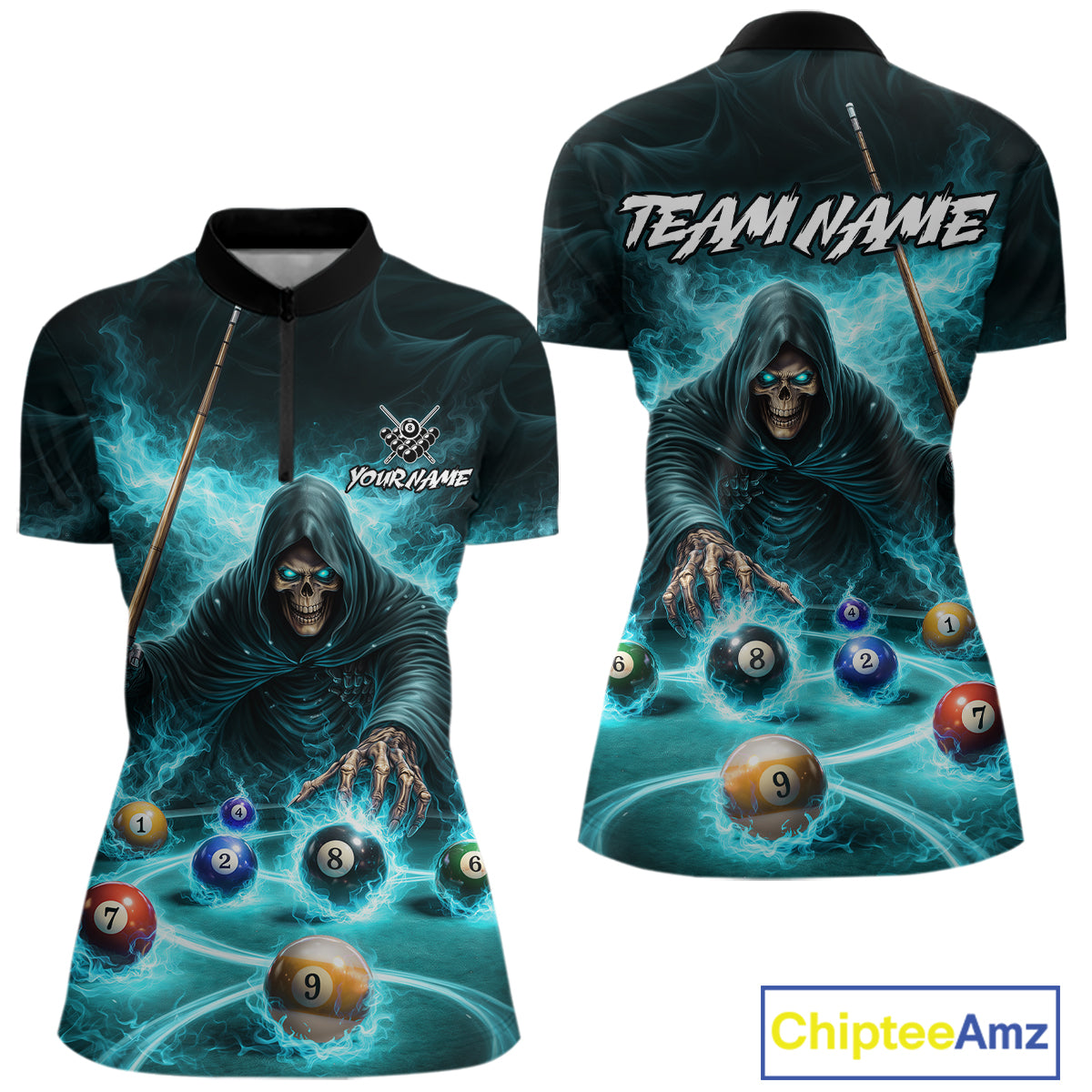 Turquoise Flaming Grim Reaper Billiard Shirt For Women Custom Pool Team Jersey Polo & Quarter Zip TDM5740