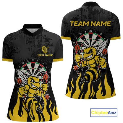 Black and yellow funny bee darts team jersey quarter zip shirt for women featuring vibrant bee artwork, premium custom darts apparel.