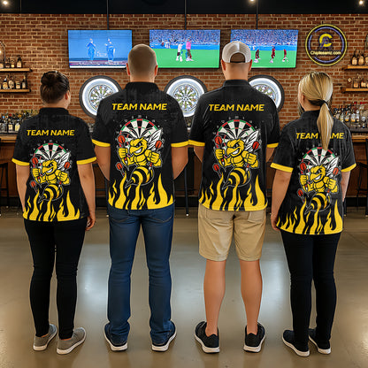 Darts team wearing matching black and yellow funny bee darts team jerseys, front view.