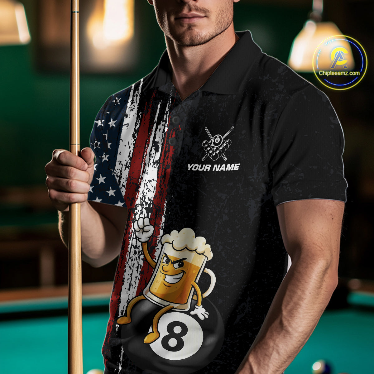 Funny Beer American Flag 8 Ball Billiard Shirt For Men Custom Pool Team Jersey Polo & 1/4 Zip TDM5947