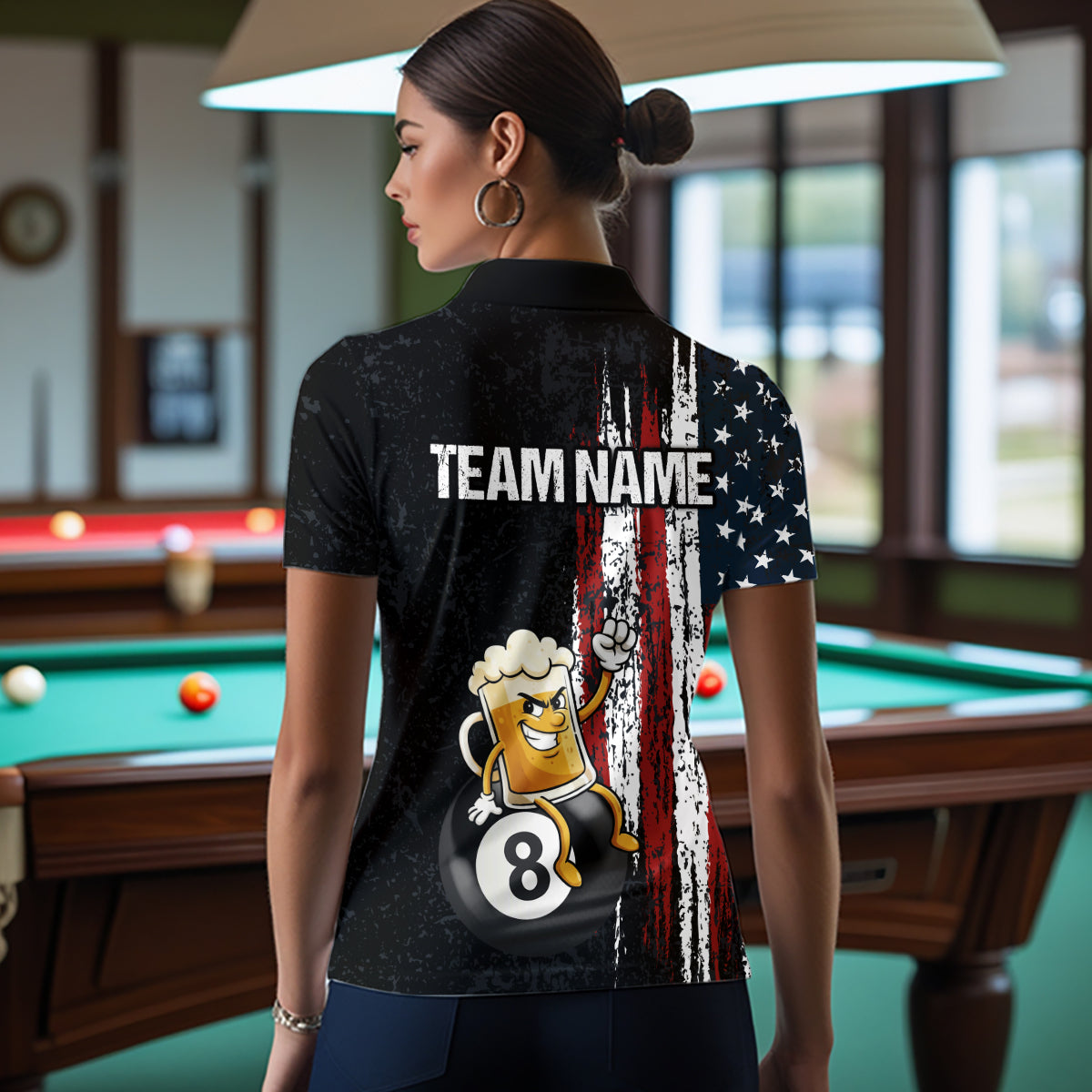 Funny Beer American Flag 8 Ball Billiard Shirt For Women Custom Pool Team Jersey Polo & 1/4 Zip TDM5947