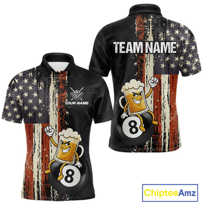 Vintage US Flag Funny Beer 8 Ball Billiard Shirt For Men Custom Pool Team Jersey Polo & 1/4 Zip TDM5948