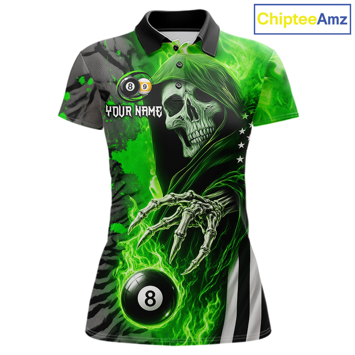 Personalized Green Flame Grim Reaper US Flag 8 Ball 9 Ball Billiard Polo Shirt Featuring a Patriotic Custom Design for Women's Pool League Players