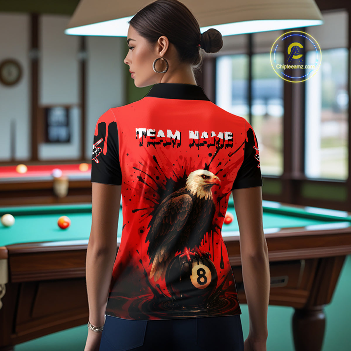 Red 8 Ball Pool Eagle Paint Splash Billiard Shirt For Women Custom Billiard Jersey Polo & 1/4 Zip TDM5492