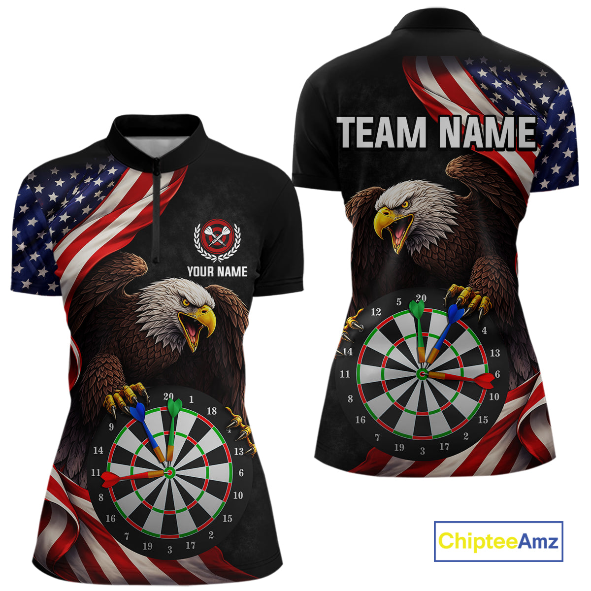 Personalized Eagle American Flag Darts Shirt For Women, Patriotic Darts Team Jersey Polo & 1/4 Zip TDM6114