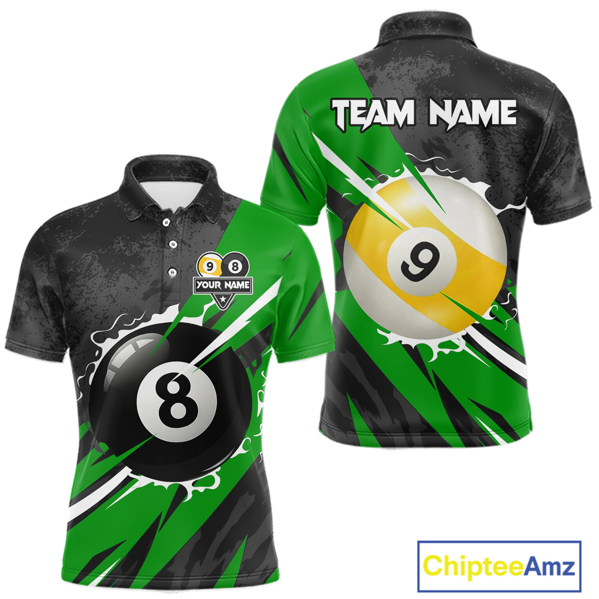 Black And Green 8 Ball & 9 Ball Billiard Shirt For Men Custom Pool Team Jersey Polo & 1/4 Zip TDM6363