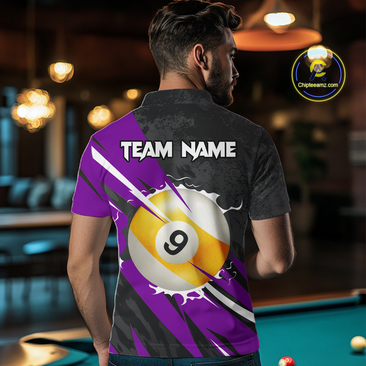 Black And Purple 8 Ball & 9 Ball Billiard Shirt For Men Custom Pool Team Jersey Polo & 1/4 Zip TDM6364