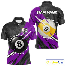 Load image into Gallery viewer, Black And Purple 8 Ball &amp; 9 Ball Billiard Shirt For Men Custom Pool Team Jersey Polo &amp; 1/4 Zip TDM6364