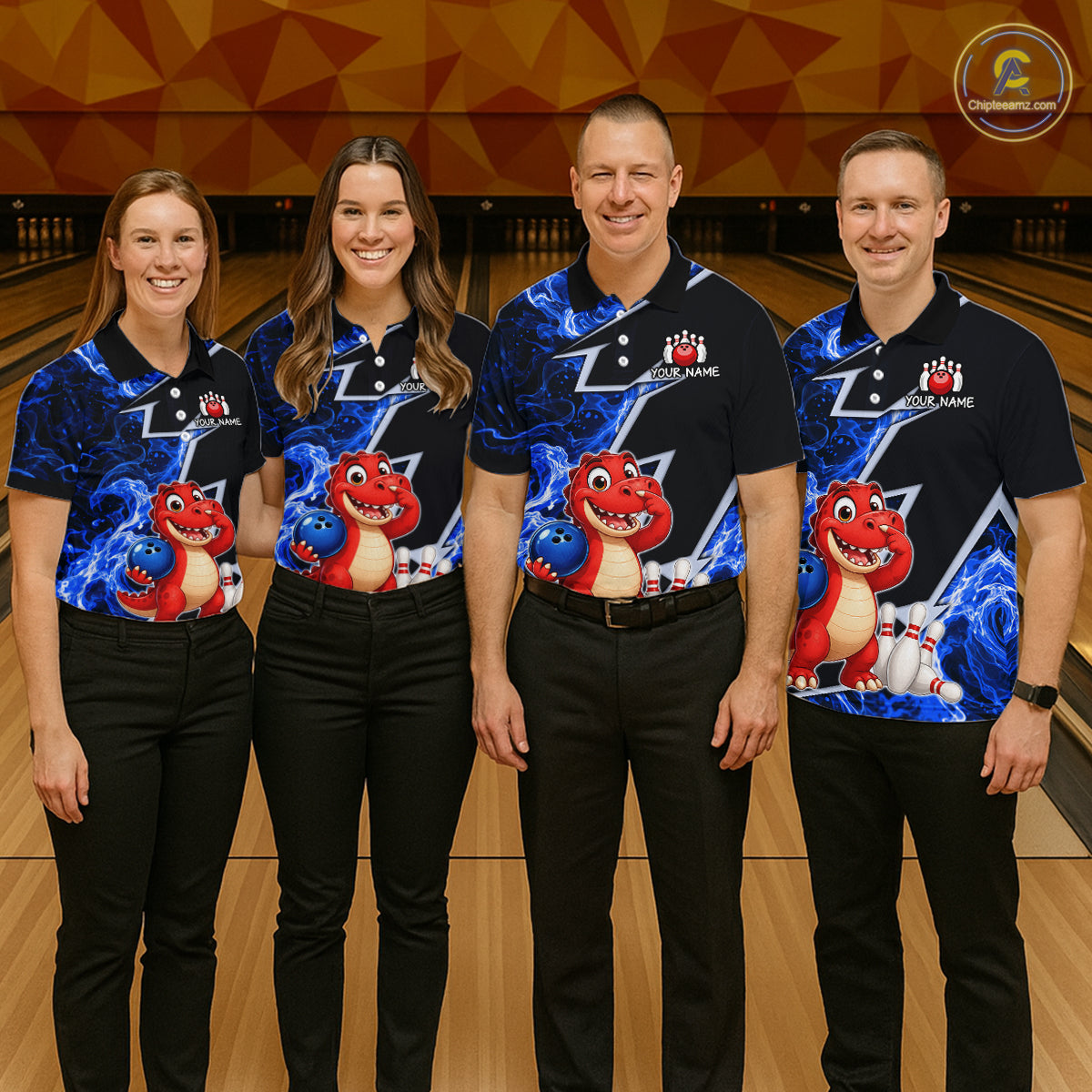 Funny Dinosaur Bowling Jersey For Women Custom Black And Blue Flame Bowling Shirt Polo & 1/4 Zip TDM6367