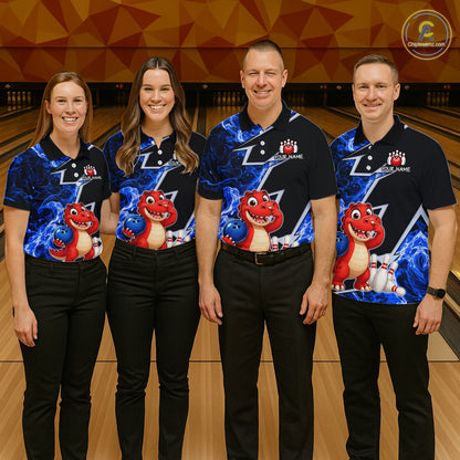 Funny Dinosaur Bowling Jersey For Women Custom Black And Blue Flame Bowling Shirt Polo & 1/4 Zip TDM6367